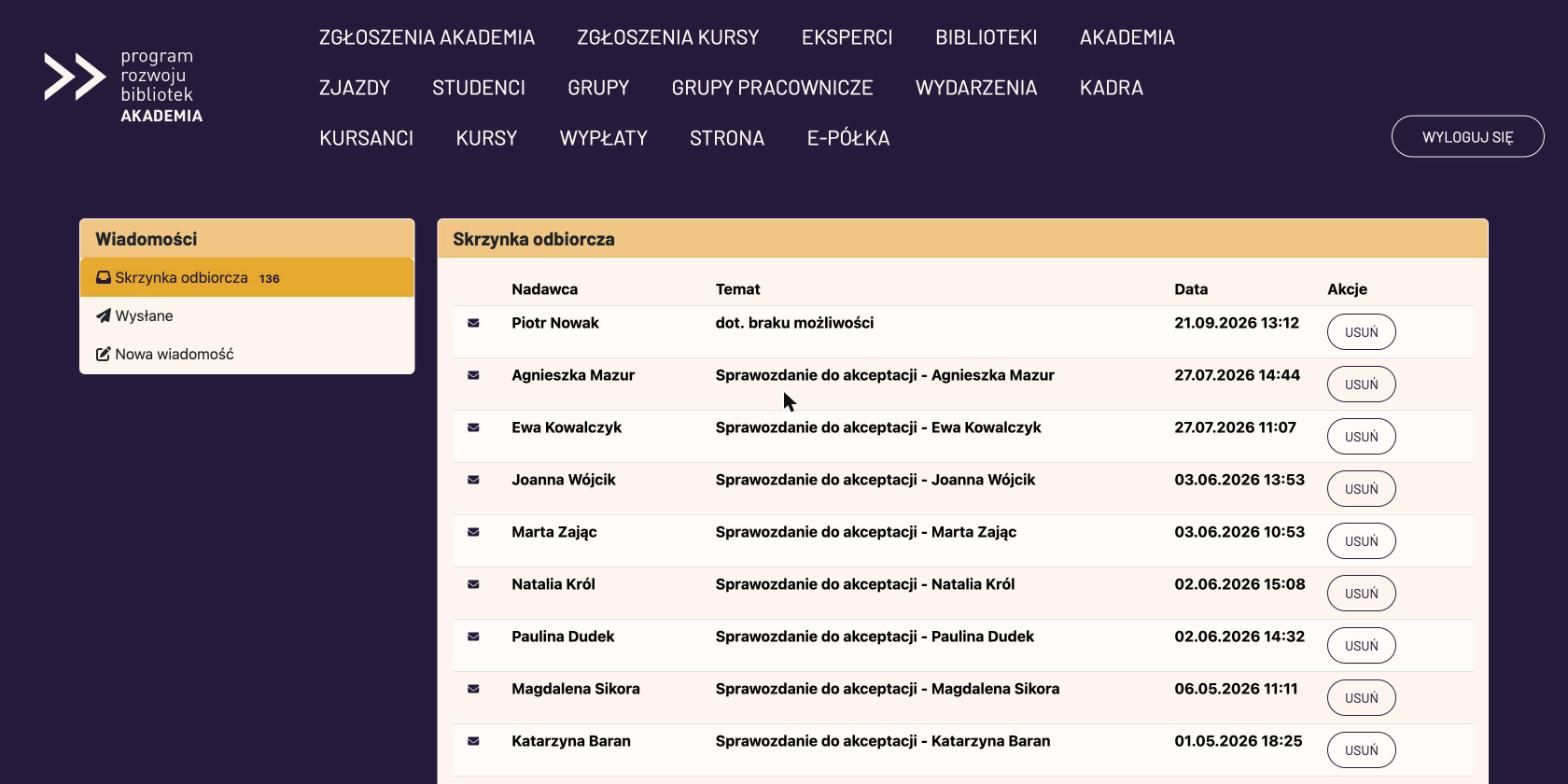 Skrzynka wiadomości ze sprawozdaniami przesłanymi do akceptacji